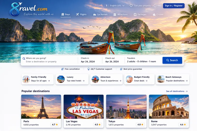 Travel booking website concept with the 8ravel.com logo, a search bar over a beach with long-tail boats, and city destination cards