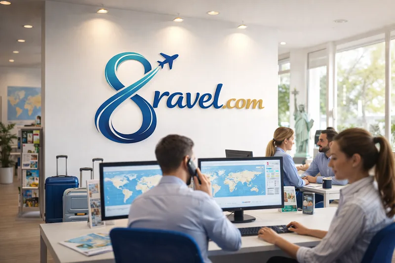 Bright travel agency office with staff at screens showing world maps, the 8ravel.com logo on a white wall and suitcases nearby