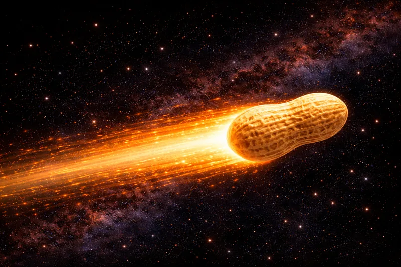 A peanut in its shell flying through space as a comet with a long fiery tail