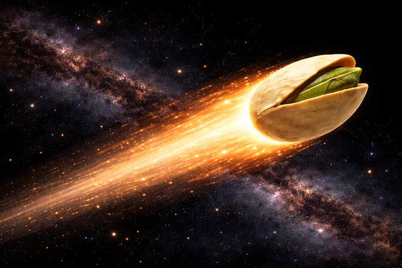 A half-open pistachio speeding across the Milky Way with a bright orange comet trail