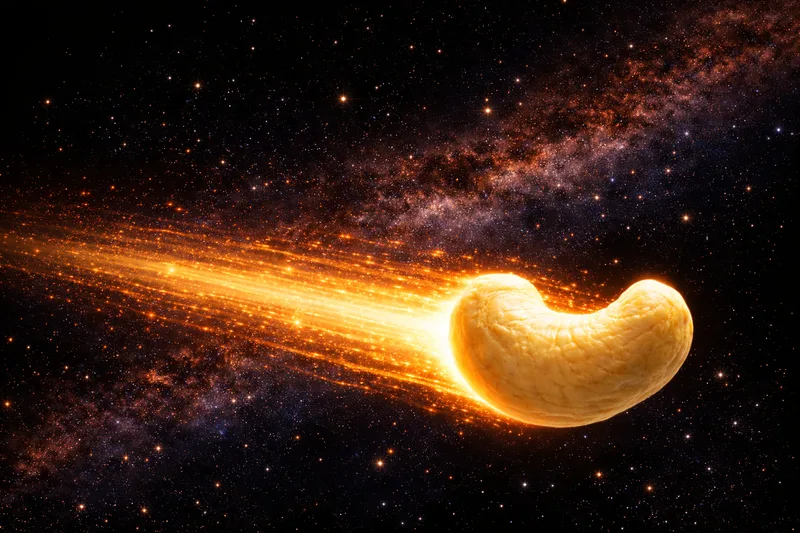 A cashew streaking across a starfield like a comet, trailing orange fire