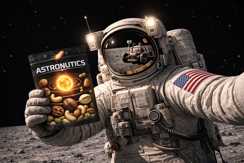 Astronaut on the moon taking a selfie with a black pouch of Astronutics mixed nuts, a lunar rover reflected in the visor