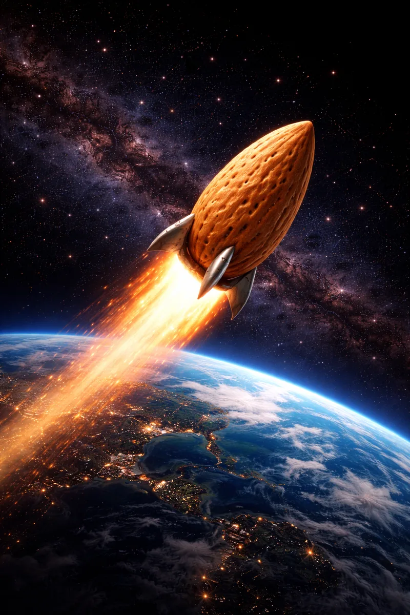 An almond fitted with silver rocket fins launching away from Earth, its exhaust lighting the planet's night side