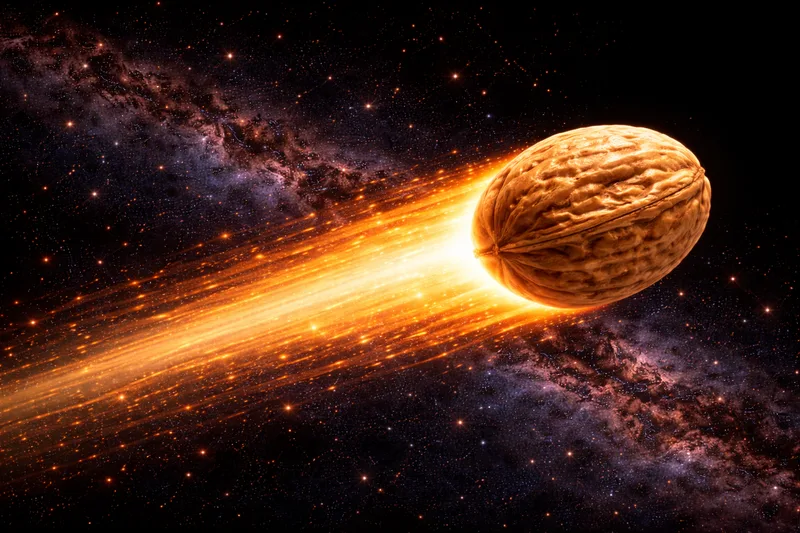 A whole walnut in its shell blazing through a starry sky like a comet