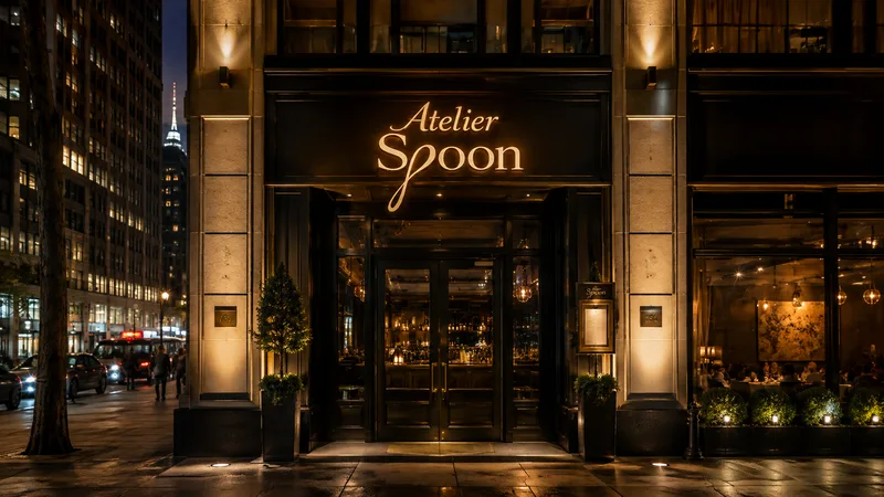City street at night: illuminated Atelier Spoon sign above glass doors, with potted trees and a framed menu by the entrance