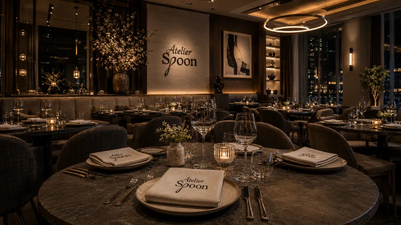 Low-lit dining room with round stone tables, wine glasses and napkins embroidered Atelier Spoon; the logo on a linen wall