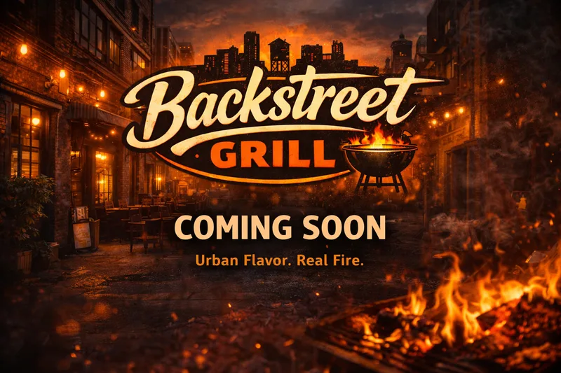 Backstreet Grill logo above the words Coming Soon and Urban Flavor. Real Fire., over a brick alley with string lights and a fire