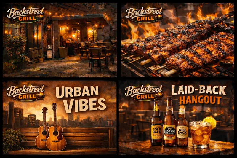 Four panels: lit courtyard patio, skewers over flames, two guitars by a skyline titled Urban Vibes, drinks titled Laid-Back Hangout
