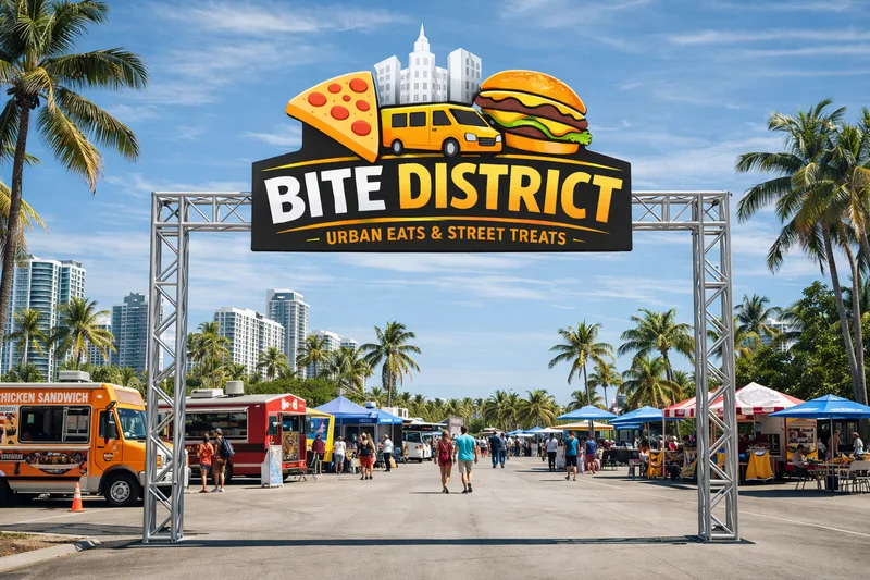 Daytime food market under a metal truss arch with the Bite District sign, food trucks, tents, palm trees and high-rises