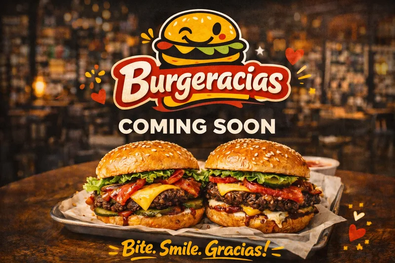 Poster with the Burgeracias logo, the words Coming Soon, two cheeseburgers on a tray and the line Bite. Smile. Gracias