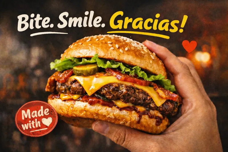 A hand holding a bacon cheeseburger under the words Bite. Smile. Gracias, with a red Made with heart badge