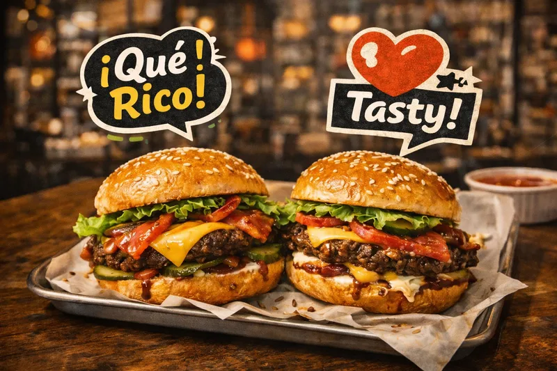 Two bacon cheeseburgers on a metal tray with speech bubbles reading Qué Rico and Tasty, a blurred bar behind