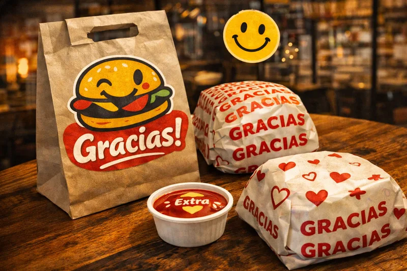 Kraft bag with the winking burger and Gracias, two wrapped burgers printed GRACIAS and hearts, a sauce pot marked Extra