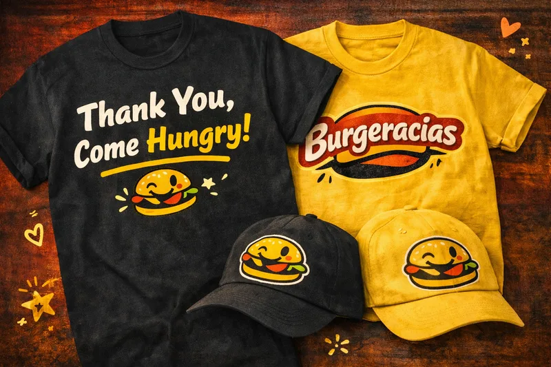 Black T-shirt reading Thank You, Come Hungry, a yellow Burgeracias T-shirt and two caps with the winking burger