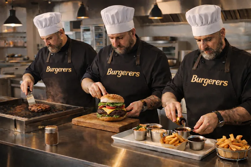 Three bearded chefs in white toques and black Burgerers aprons grilling a patty, building a burger and pouring sauce
