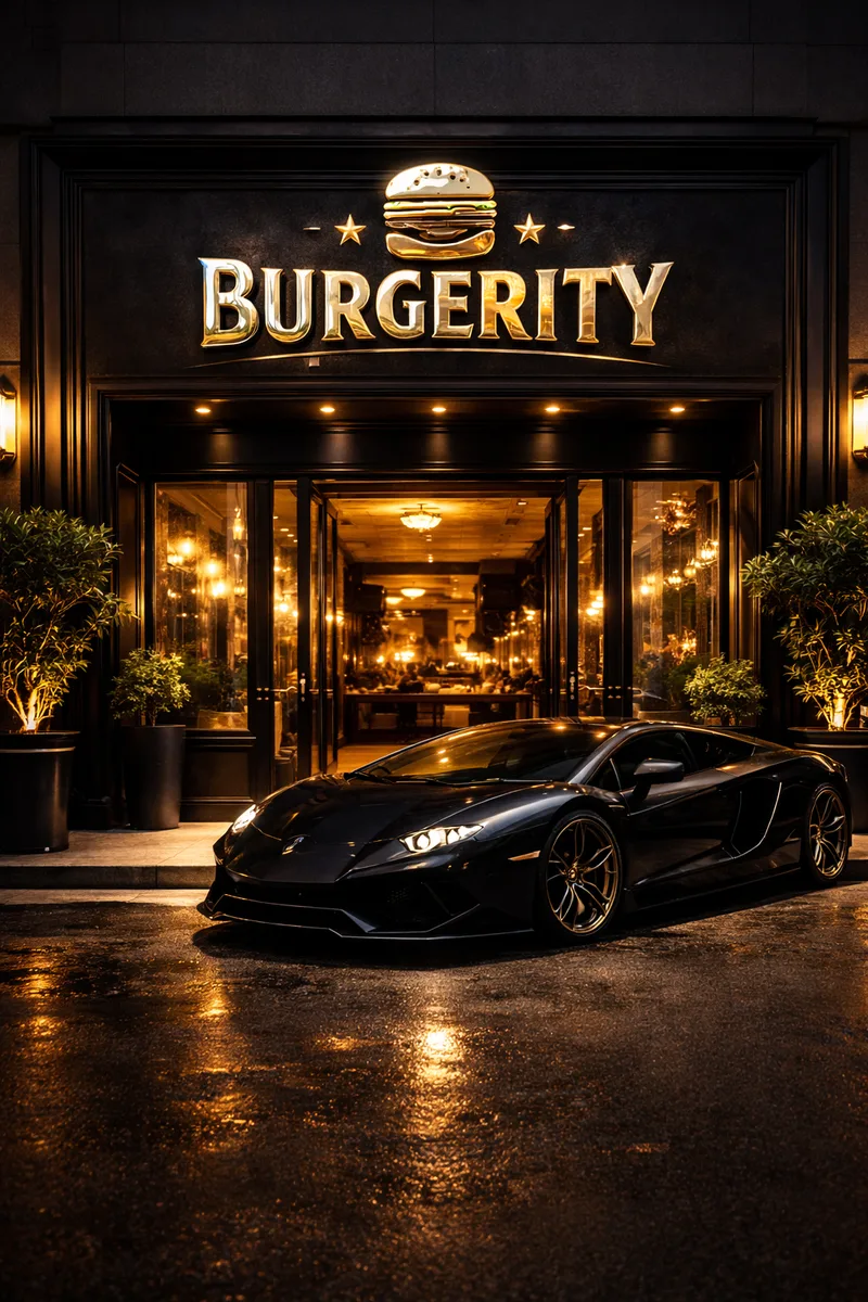 A black sports car parked before a glass-fronted Burgerity entrance with a gold sign, potted trees and warm lights