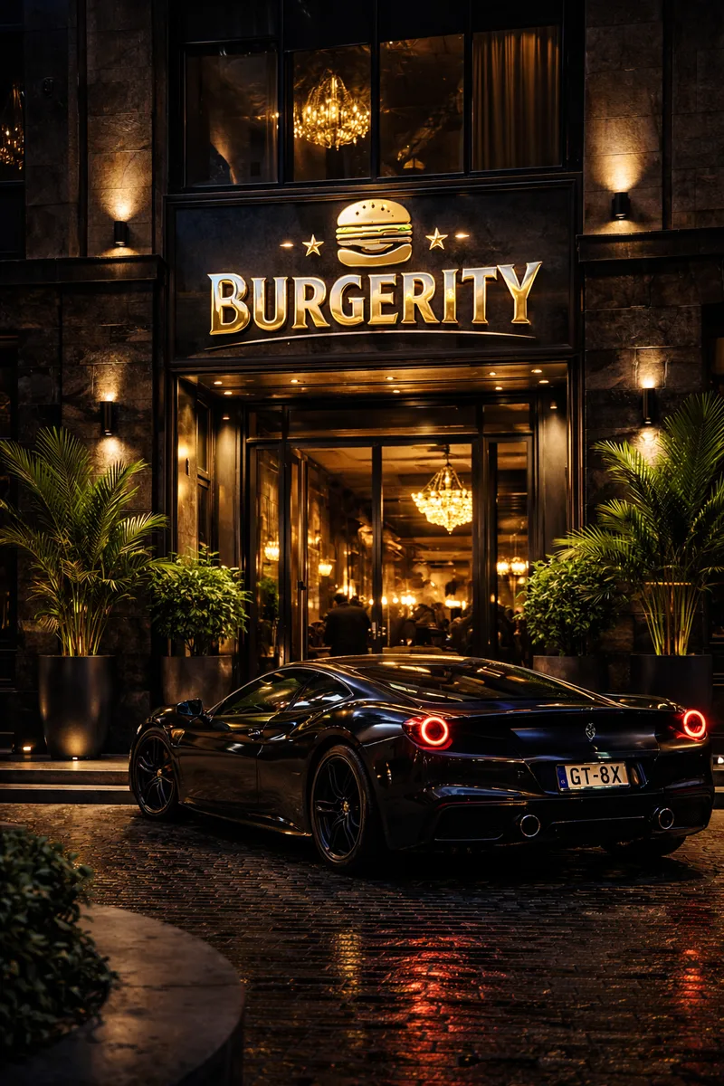 Night view of a stone restaurant front with a lit gold Burgerity sign, potted palms and a black sports car parked outside