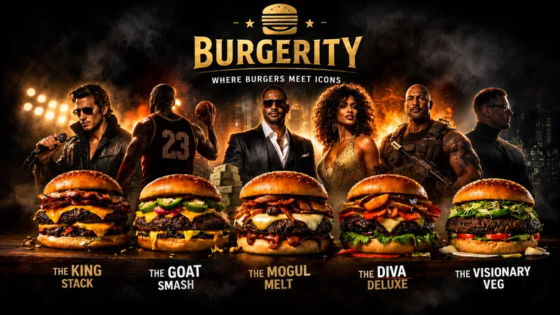 Menu poster: Burgerity logo, the line Where Burgers Meet Icons, five named burgers in a row and costumed figures behind them
