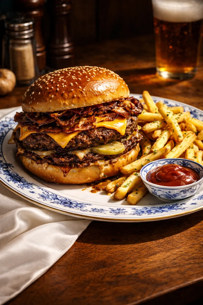 Close-up of a double cheeseburger with bacon and pickles, fries and a ketchup dish on a blue-patterned plate, beer behind