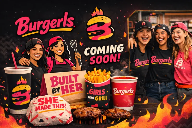 Poster with the Burgerls logo, Coming Soon, two cartoon cooks, branded bag, wrap, fries and cups, three smiling women in tees