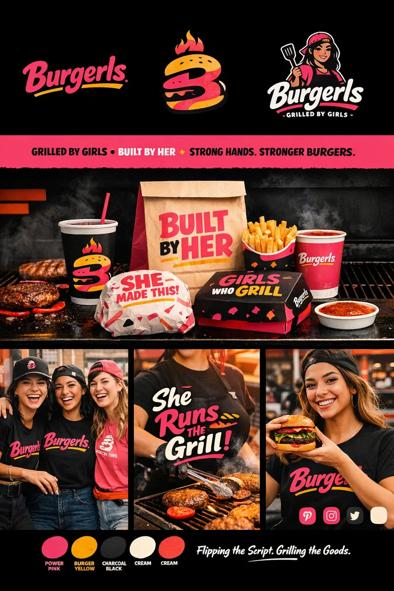 Brand board: Burgerls logos, a slogan band, bag, wrap, box and cups on a grill, photos of women in brand tees, colour swatches