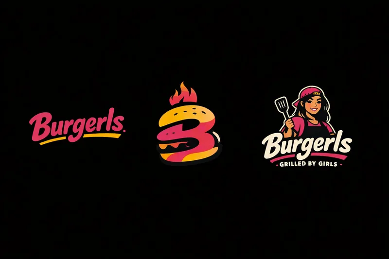 The three Burgerls marks on black: pink script wordmark, flaming B-shaped burger icon and the cook mascot lockup