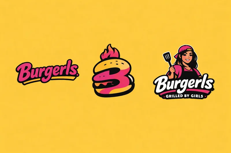 The three Burgerls marks on yellow: pink script wordmark, flaming B-shaped burger icon and the cook mascot lockup