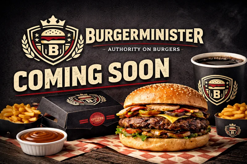 Poster with the BurgerMinister crest and wordmark, the words Coming Soon, a large burger, fries, sauce, a box and a cup