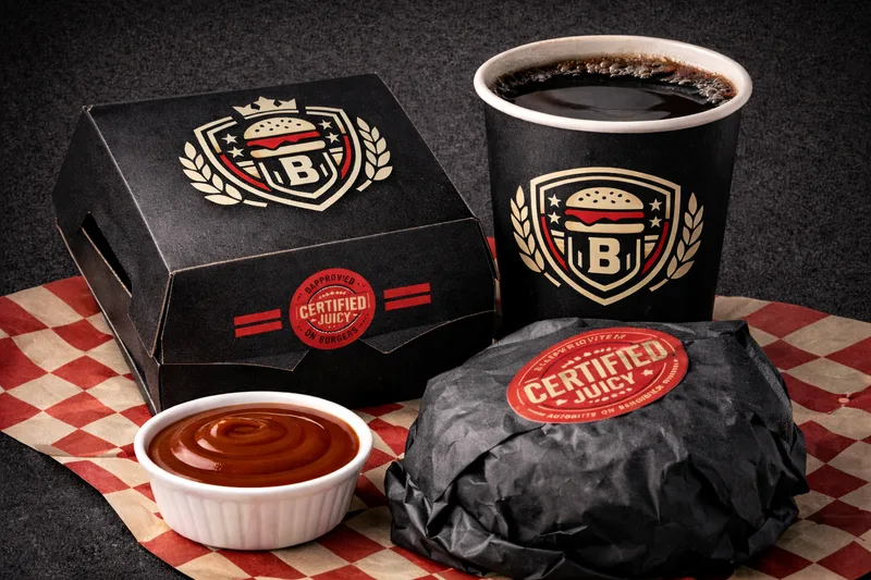 Black burger box, wrapped burger, cup of cola and a sauce pot on checked paper, marked with the crest and a red seal