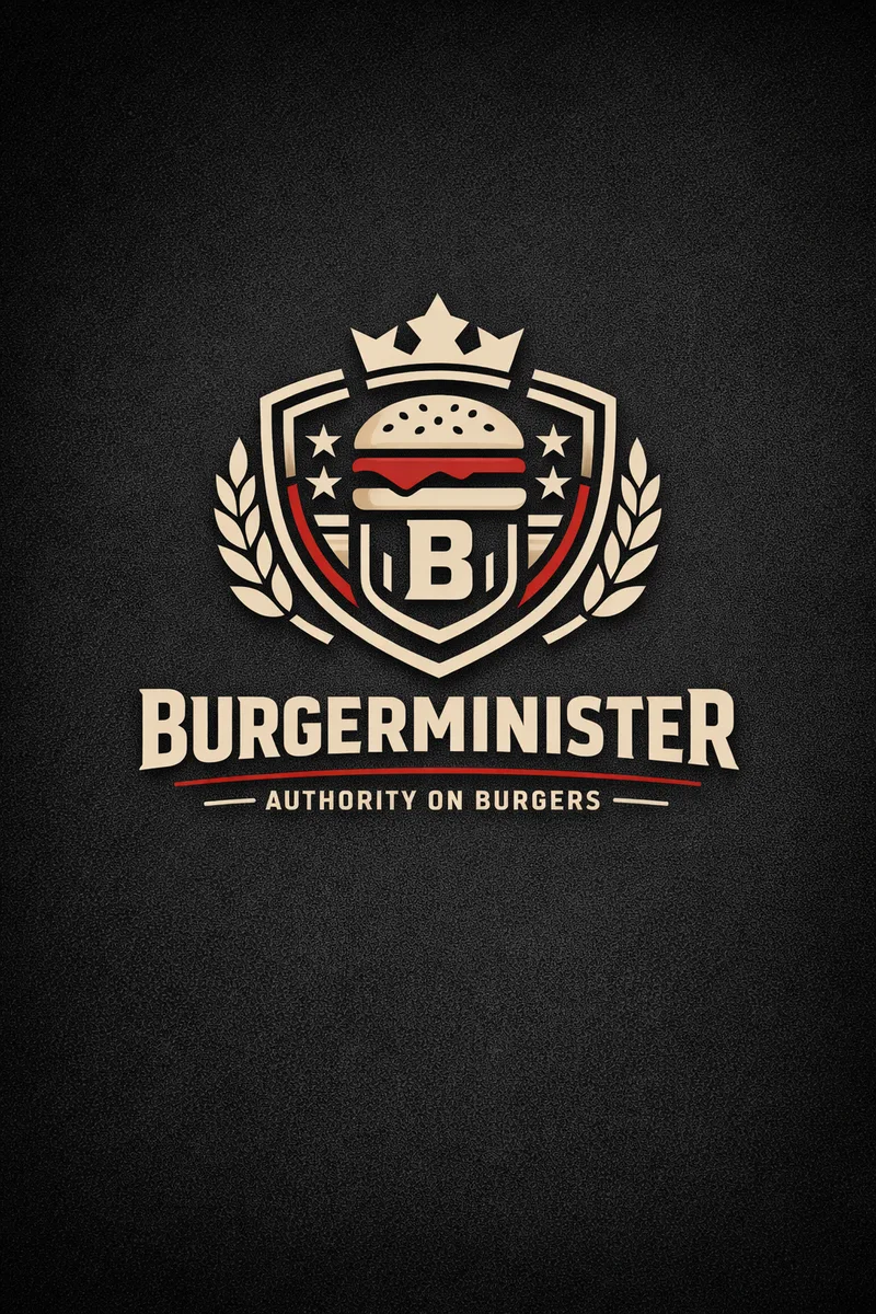 The crest above the wordmark BURGERMINISTER, a red rule and the tagline Authority on Burgers, cream on black