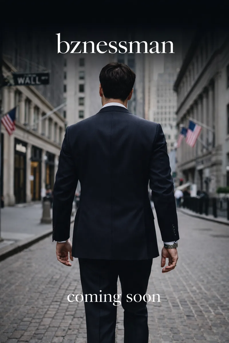 Man in a dark suit seen from behind on a cobbled Wall Street, bznessman wordmark above and the words coming soon below
