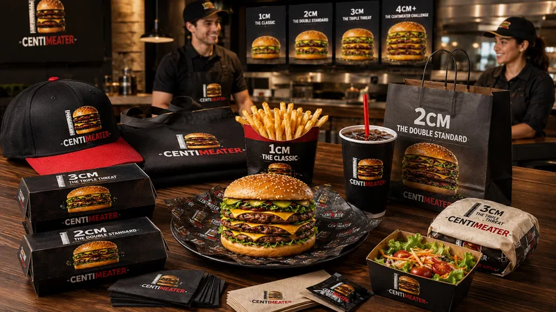 Branded counter spread: cap, tote, boxes marked 2cm and 3cm, fries, drink, bag and a triple burger, menu boards behind