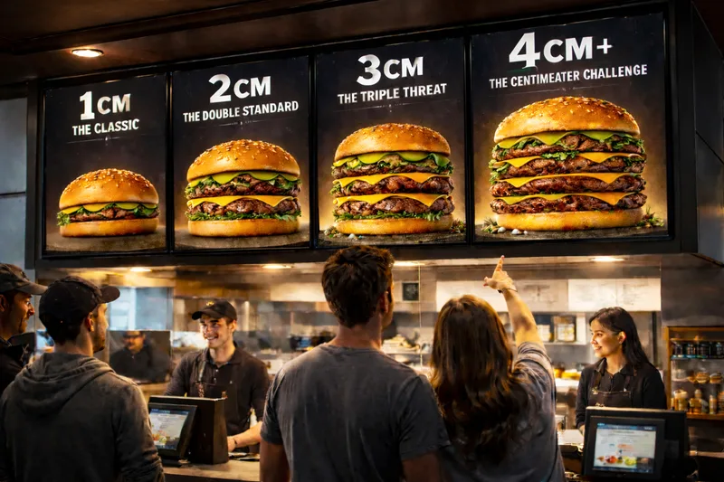 Customers at a counter under menu boards for 1cm The Classic, 2cm The Double Standard, 3cm The Triple Threat and 4cm+