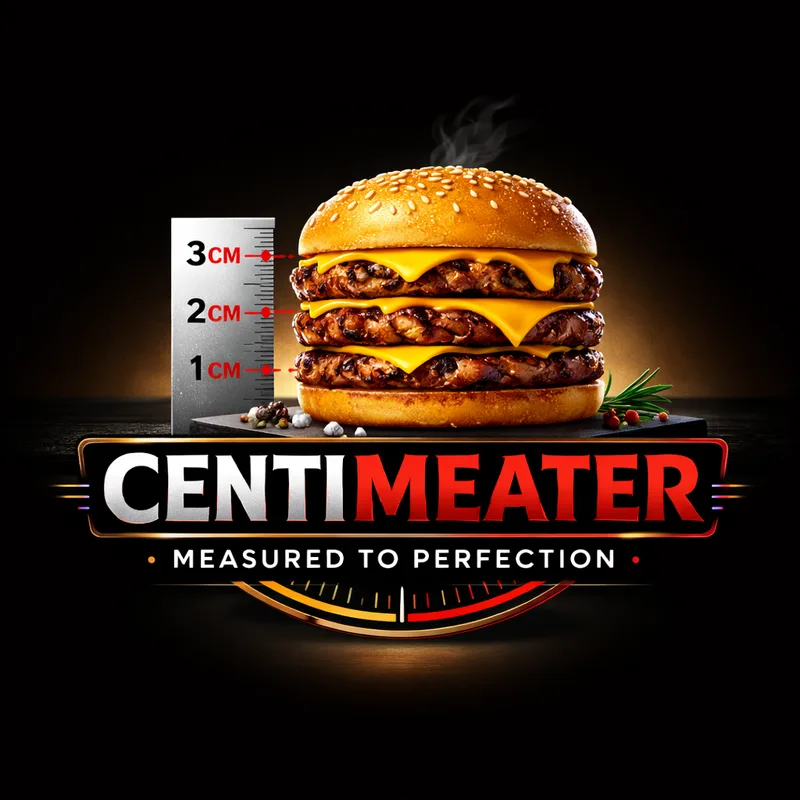 Triple cheeseburger beside a ruler marked 1, 2 and 3 cm, above the Centimeater wordmark and the line Measured to Perfection
