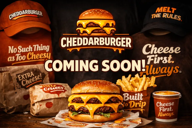 Launch poster with Cheddarburger caps, wraps and a sauce cup around a double cheeseburger, the words Coming Soon across the middle