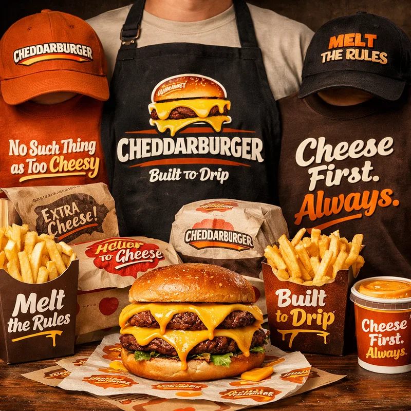 Caps, an apron and tees printed with Cheddarburger slogans around a double cheeseburger, fries cartons, wraps and a sauce cup