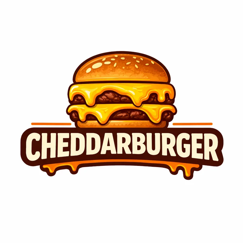 Cheddarburger logo on white: a double cheeseburger dripping cheese above a cream wordmark on a brown banner