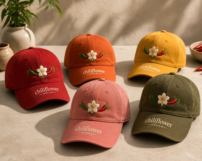 Five Chiliflower México caps in warm colours on a table beside pottery and a bowl of red chillies