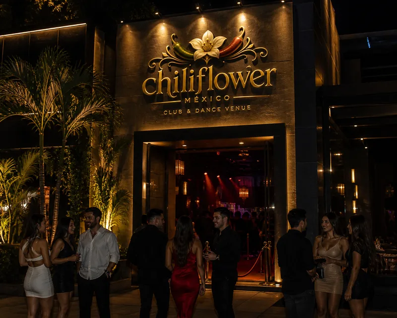 Night entrance of a club with a gold Chiliflower México Club & Dance Venue sign, palms and guests outside