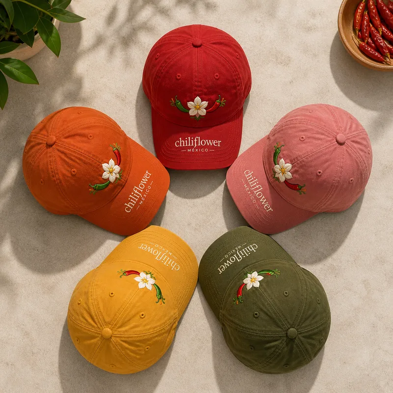 Five baseball caps in red, orange, pink, yellow and olive arranged in a ring, embroidered with the Chiliflower emblem