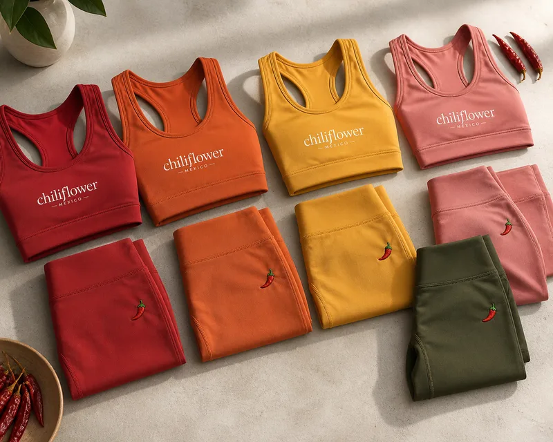 Flat lay of Chiliflower sports bras and folded leggings in red, orange, yellow, pink and olive, with dried chillies