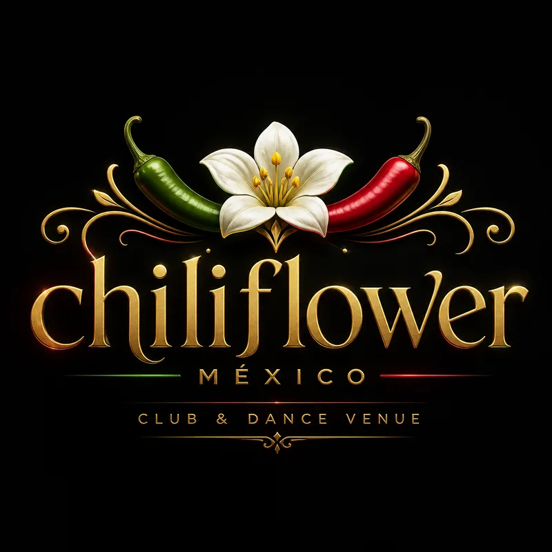 Gold Chiliflower México lockup on black with chillies, a white flower and the line Club & Dance Venue