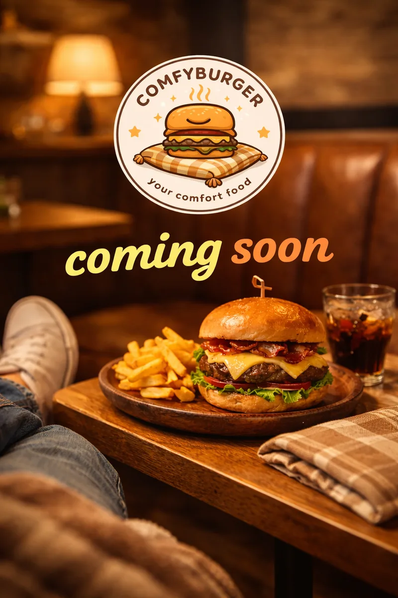 Poster with the Comfyburger badge, the words coming soon, a burger and fries on a table, outstretched legs and a plaid napkin