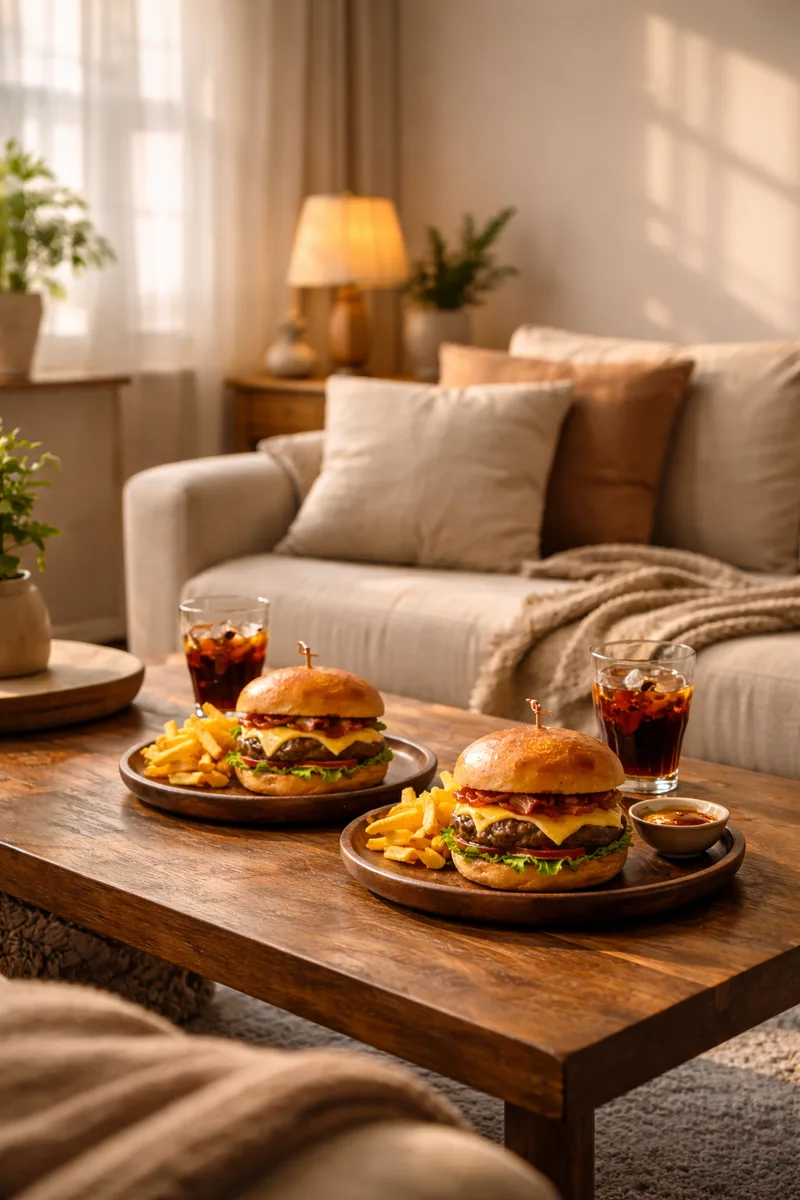 Two bacon cheeseburgers with fries and iced drinks on a wooden coffee table before a cream sofa with cushions and a throw