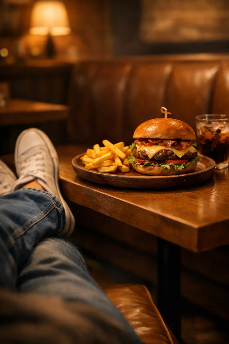 Legs in jeans and white trainers stretched along a leather banquette beside a table with a cheeseburger, fries and a cola