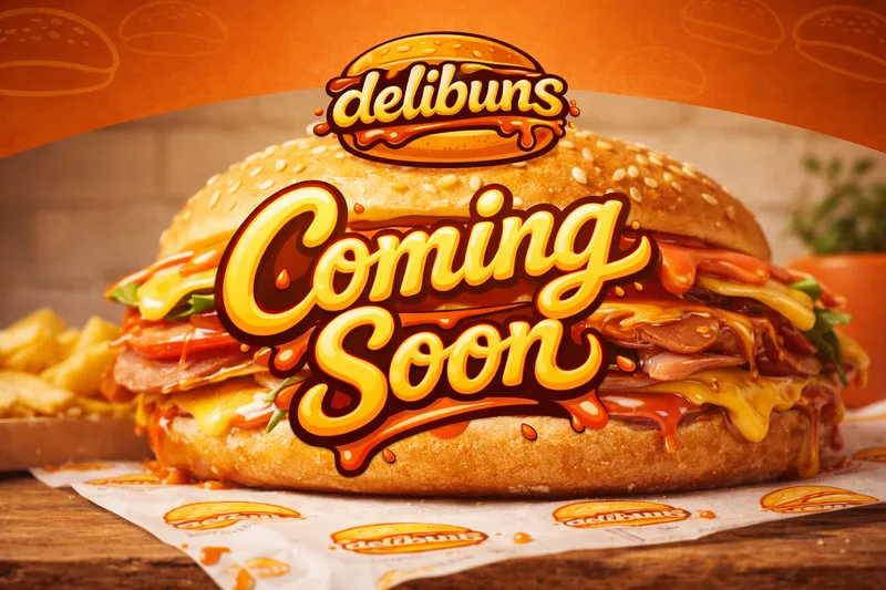 Poster with the Delibuns logo and the words Coming Soon in glossy script over a large filled bun on logo-printed paper