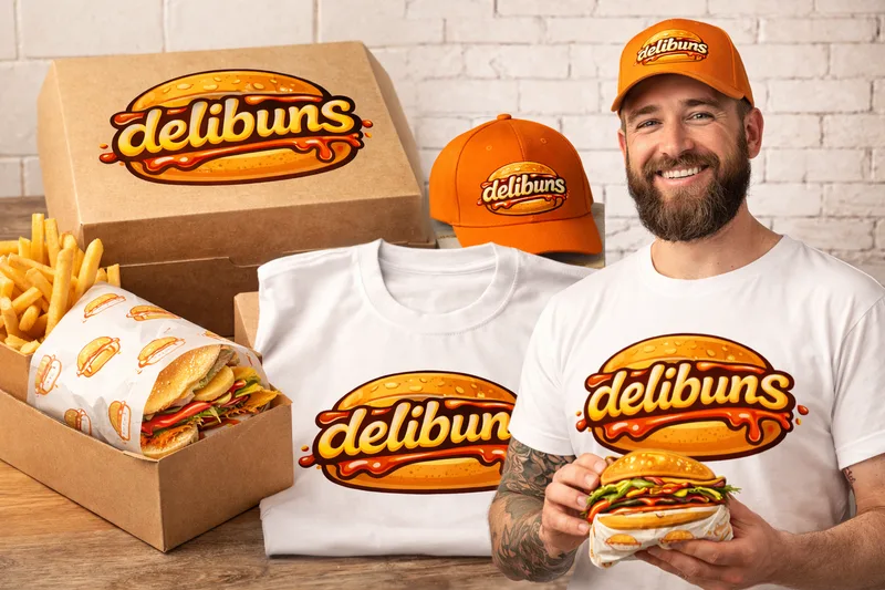 Kraft box, orange caps and a white tee with the Delibuns logo, a wrapped sandwich and fries, and a smiling man holding a burger