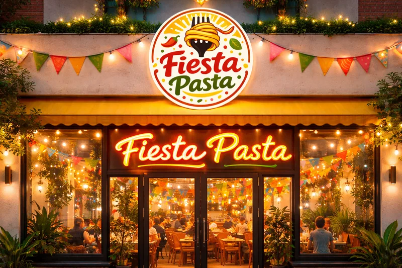 Restaurant front strung with bunting and fairy lights, round Fiesta Pasta badge above a yellow awning and a neon script sign