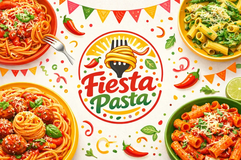Fiesta Pasta badge surrounded by bowls of spaghetti, meatballs, pesto rigatoni and tomato rigatoni, with chillies and bunting
