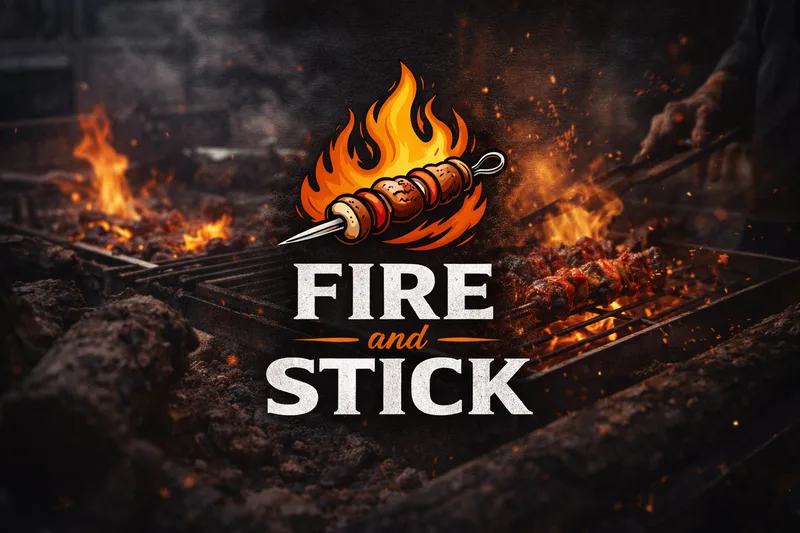 Fire and Stick logo over a smoky charcoal grill, with skewers of meat browning on the bars, sparks rising and a hand turning them